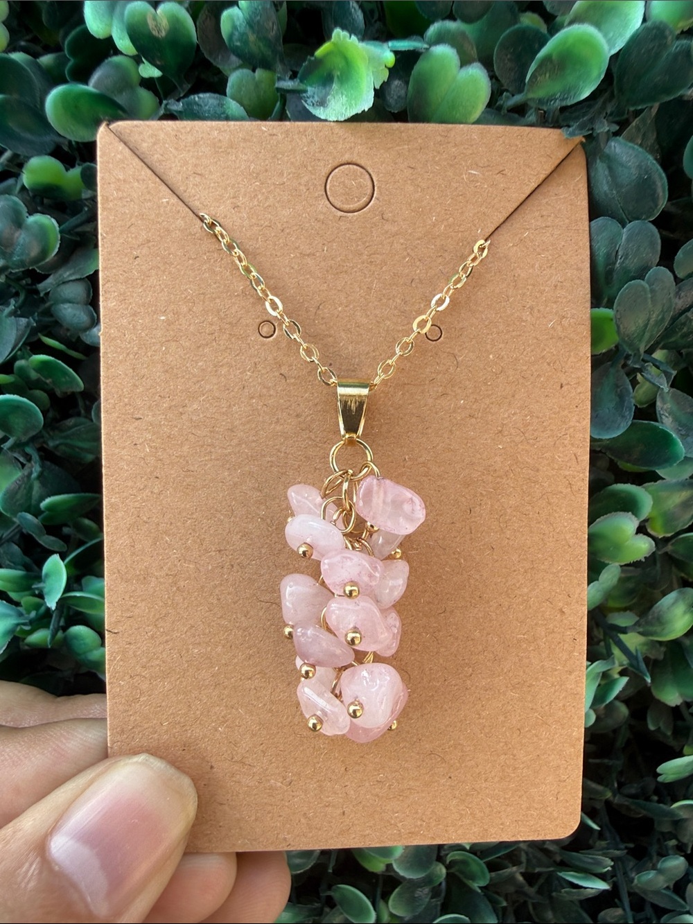 Gold Plated Chain Necklace with Pink Rose Quartz Chip Pendant